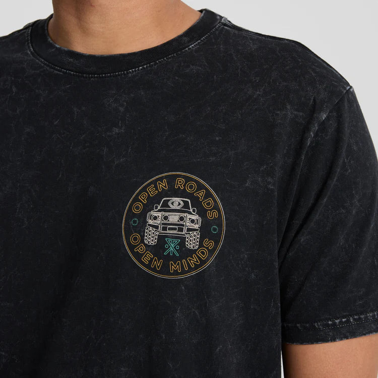 The Roark Open Roads Premium Tee features a small chest and large back graphic print with an off road vehicle and "open roads open minds" print