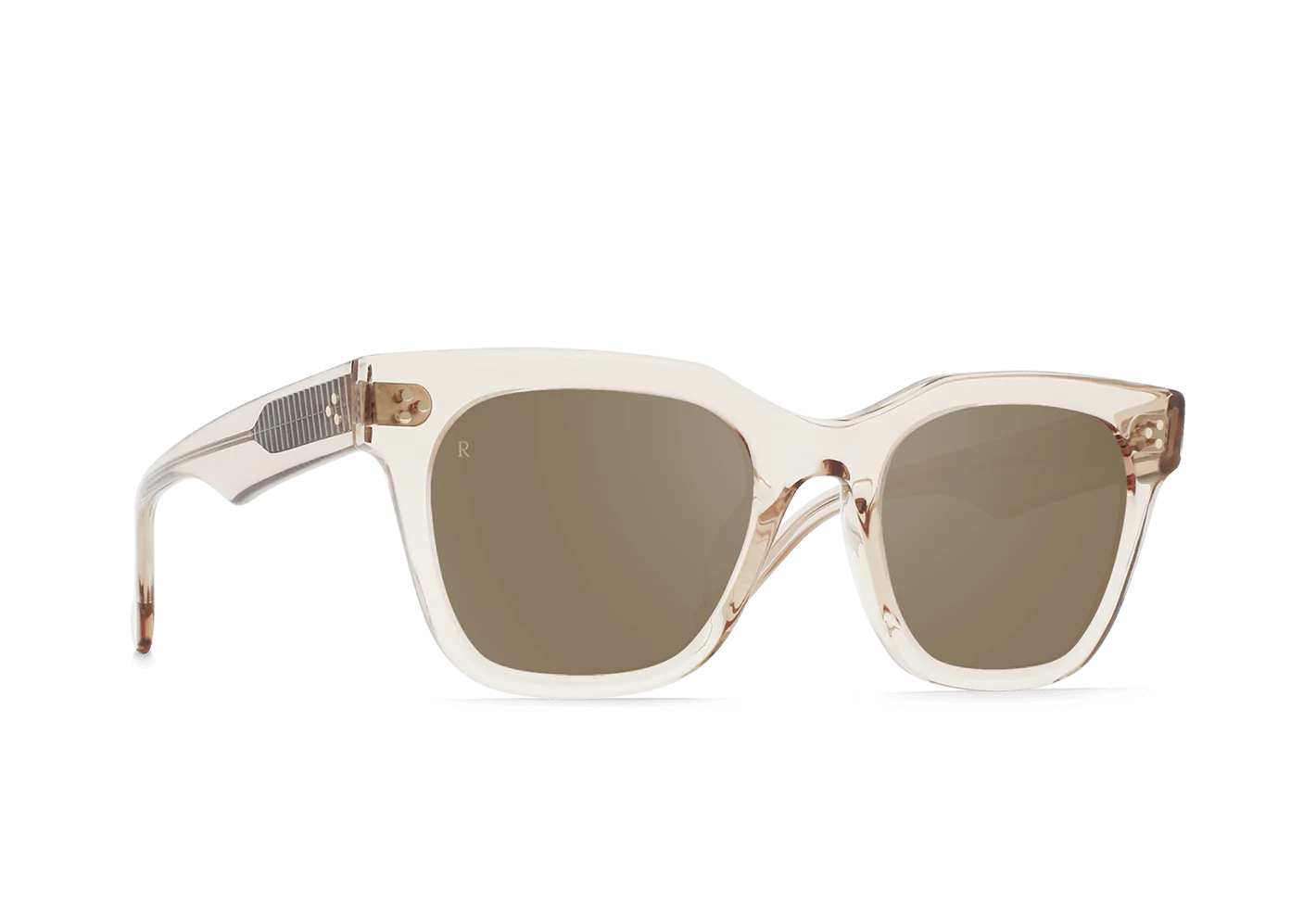 Side view of RAEN's Huxton Unisex Square Sunglasses with Dawn frame and Mink Gradient Mirror lenses