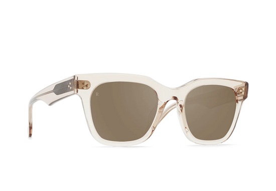 Side view of RAEN's Huxton Unisex Square Sunglasses with Dawn frame and Mink Gradient Mirror lenses