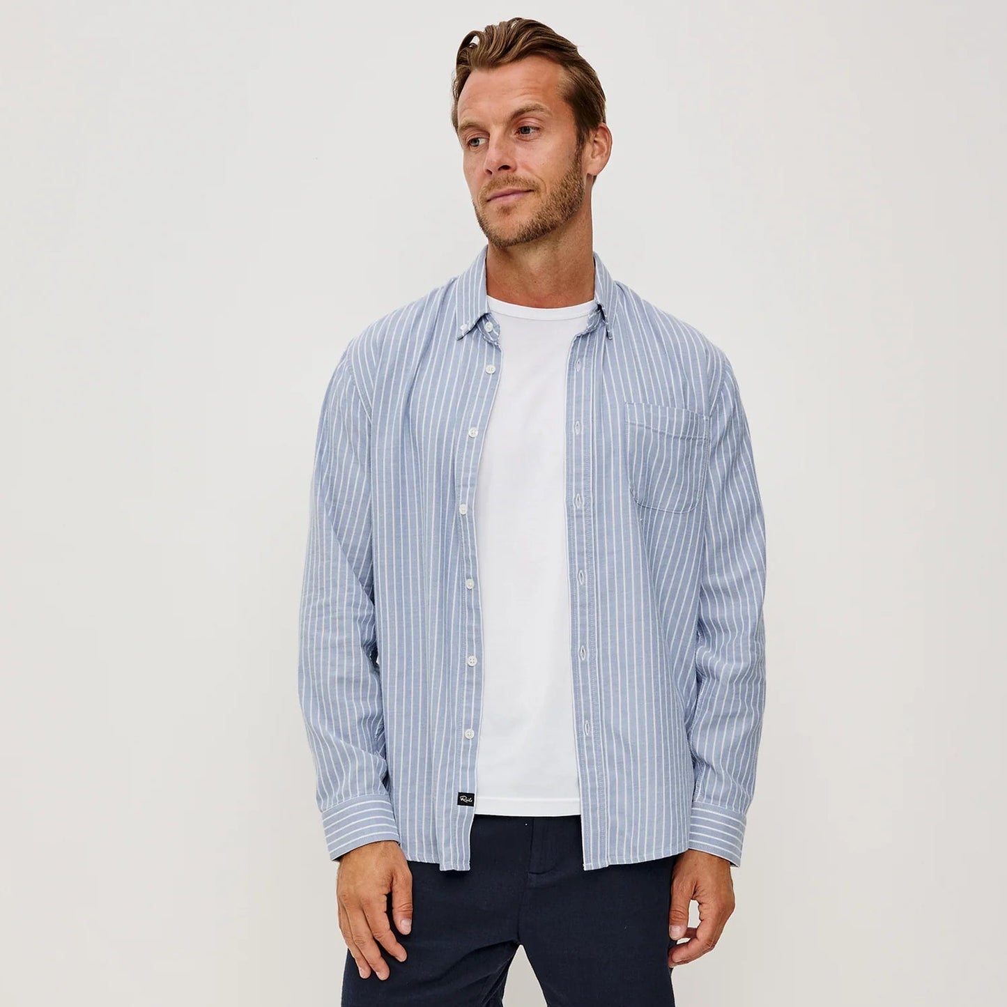 Rails Vance Shirt in Oxford White Stripe, available now at Harbour Thread men's store