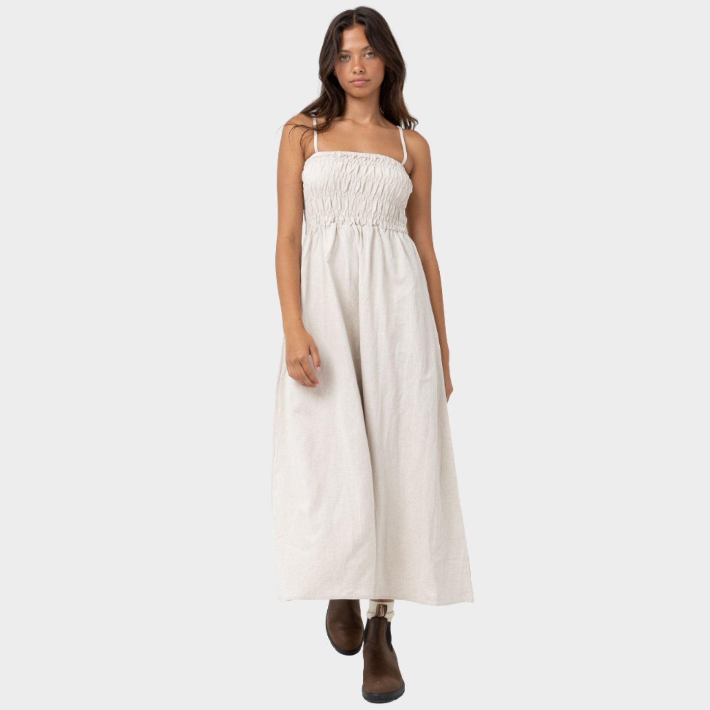 Rhythm Classic Shirred Midi Dress in Oat, available now at Harbour Thread boutique