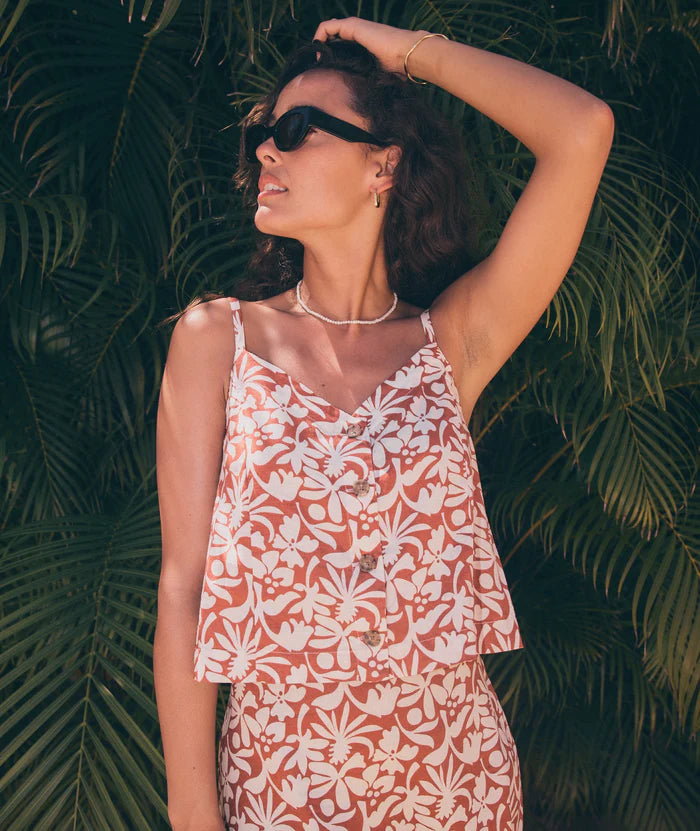 
                      
                        Woman outside wearing the Auburn Floral Celeste Hemp Cami by Marine Layer
                      
                    