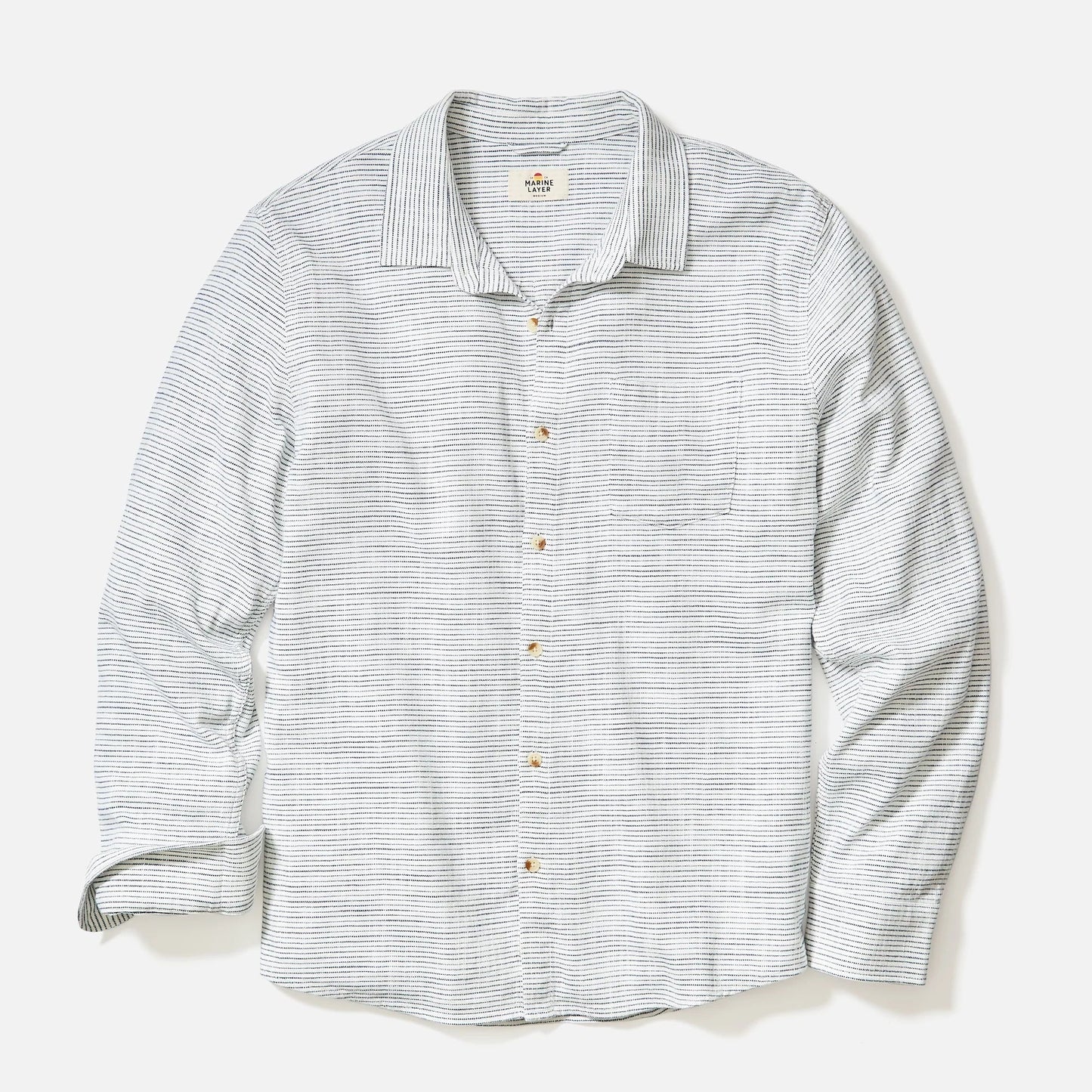 Marine Layer Classic Stretch Selvage Long Sleeve Shirt in Natural/Black Stripe
