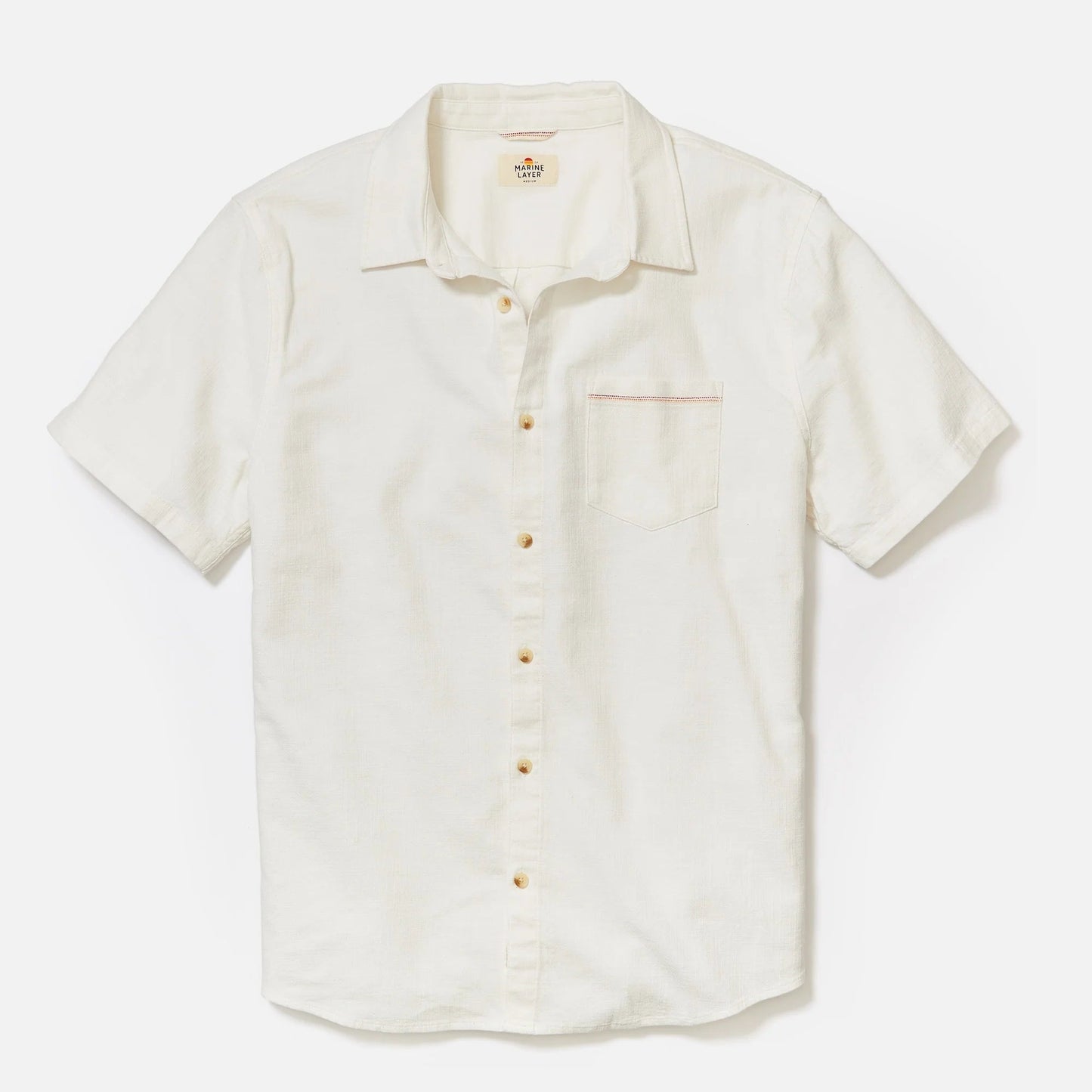 Marine Layer Men's Stretch Selvage Short Sleeve Shirt in Natural, available at Harbour Thread men's store in Burlington, VT.