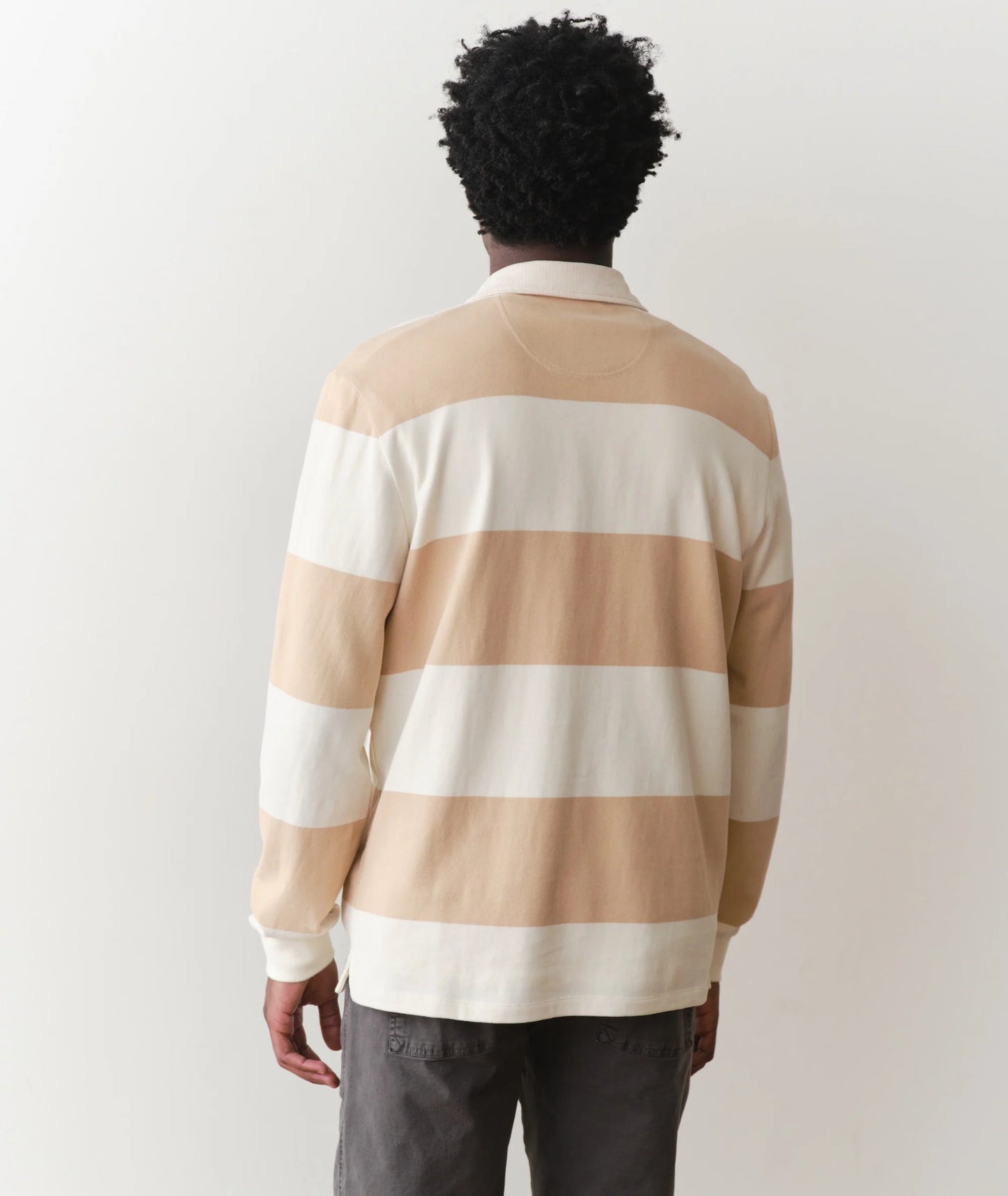Beige and white striped long sleeve polo