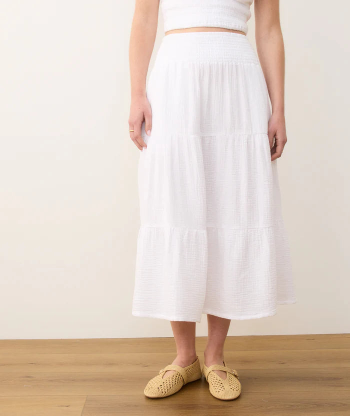 Women's white tiered maxi skirt with smocked waist