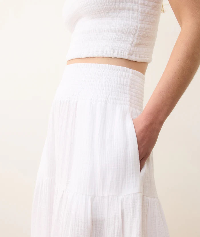 Now at Harbour Thread, this crinkle double cloth Marine Layer maxi skirt features a comfortable smocked waist, flowy fit, and pockets for extra convenience.