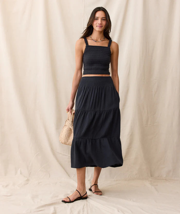 This Marine Layer maxi skirt features a comfortable smocked waist, flowy fit, and pockets for extra convenience. Find it at Harbour Thread in Burlington, VT!