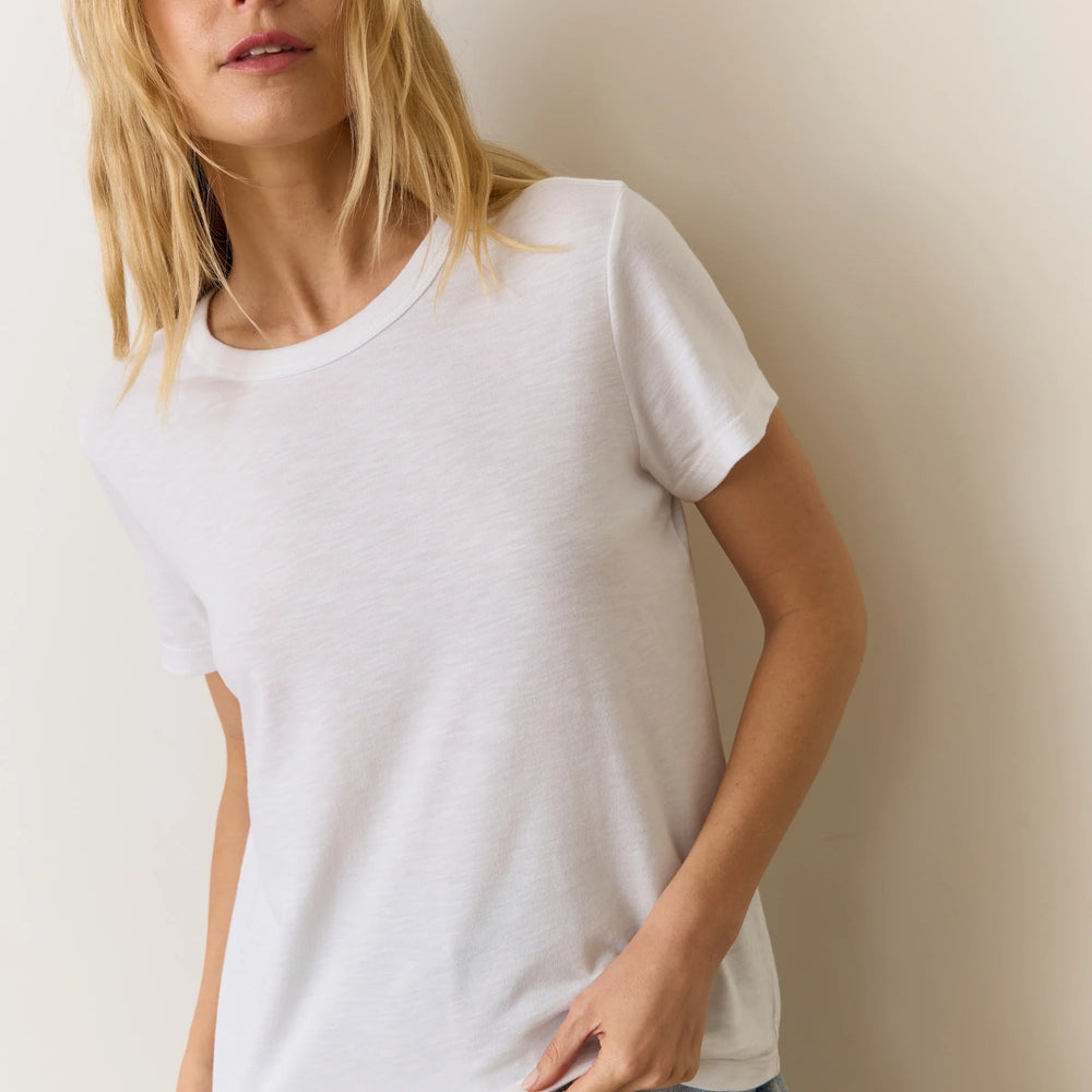 
                      
                        Woman wearing a plain white full length short sleeve t-shirt from Marine Layer
                      
                    