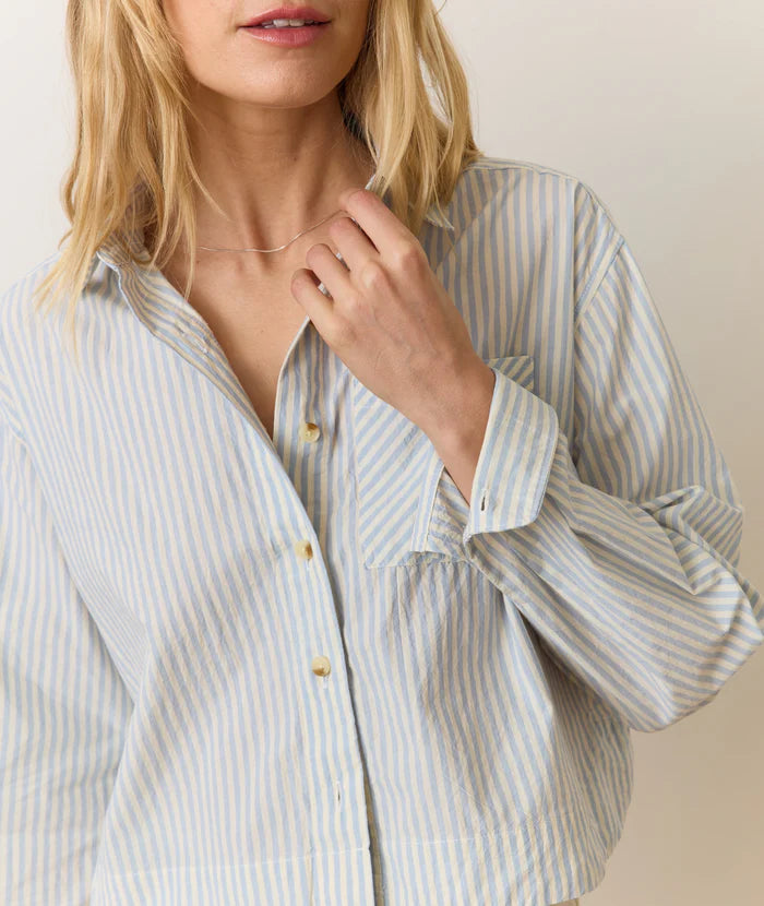 Shop the cool and casual Marine Layer Cali Poplin Cropped Shirt in the color Harbor Stripe at Harbour Thread