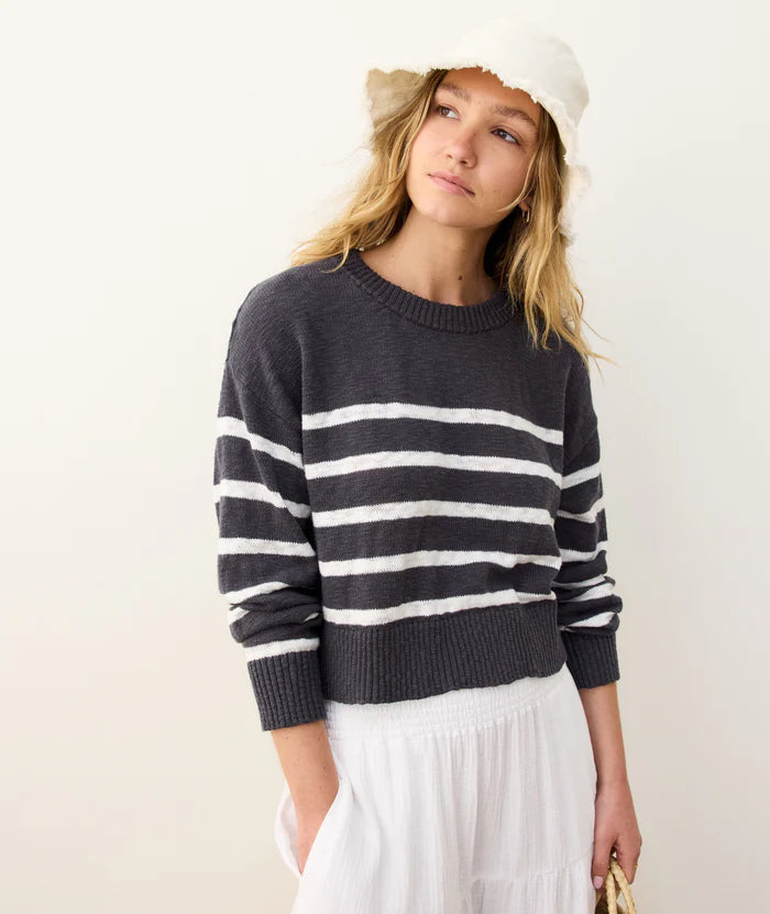 Shop the Marine Layer Seabreeze Crewneck Sweater in the color Dark Navy Cream Stripe at Harbour Thread boutique in Burlington, VT. 