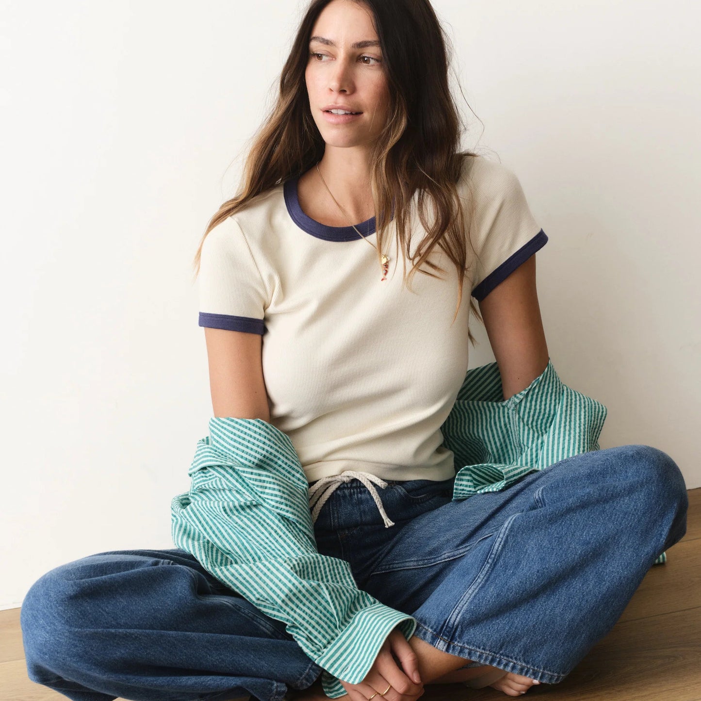 ML Women's Lexi Rib Ringer Tee in Cream & Bay Blue