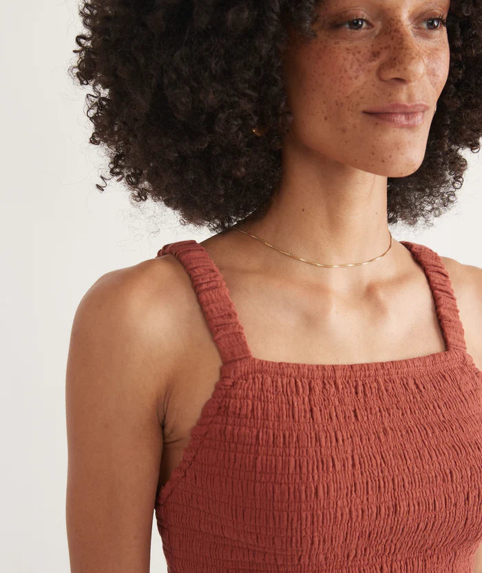 
                      
                        Design detail on Marine Layer's Lila Double Cloth Tank in the color Rust
                      
                    