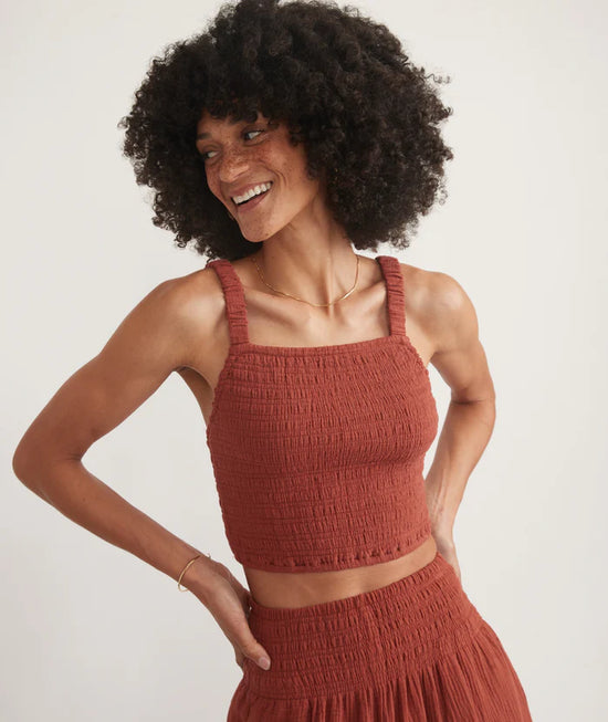 Marine Layer's Lila Double Cloth Tank in the color Rust