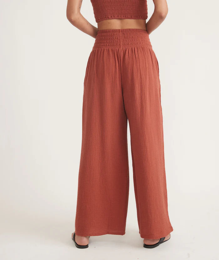 Back view of Marine Layer's Sophia Double Cloth Palazzo Pant in the color Rust