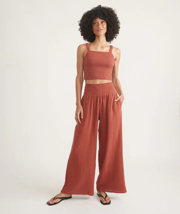Marine Layer's Sophia Double Cloth Palazzo Pant in the color Rust