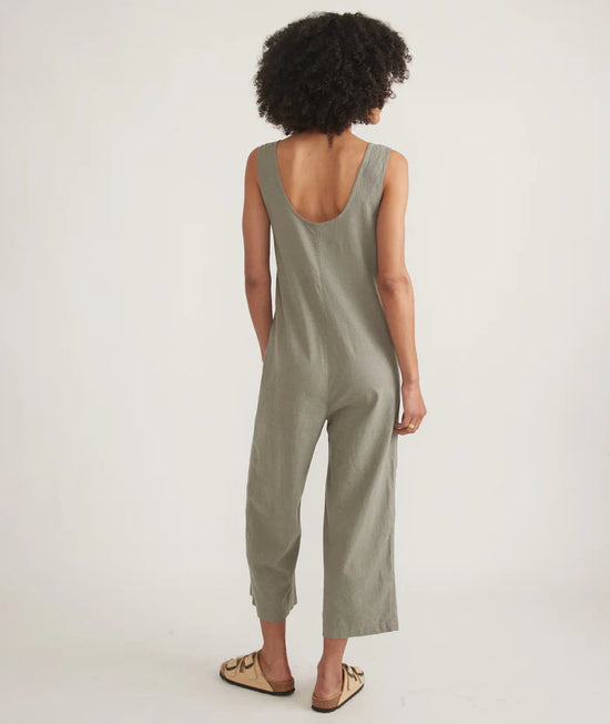 Back view of Marine Layer's Sydney Beach Jumpsuit in the color Shadow
