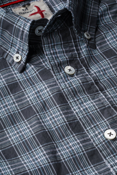 Design and color detail on Relwen's Broadcloth Madras in the color Dark Navy Plaid