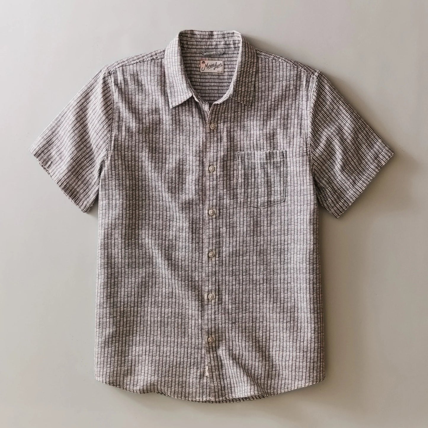 Marine Layer Men's Classic Stretch Selvage Short Sleeve Shirt in Green Matchstick Print