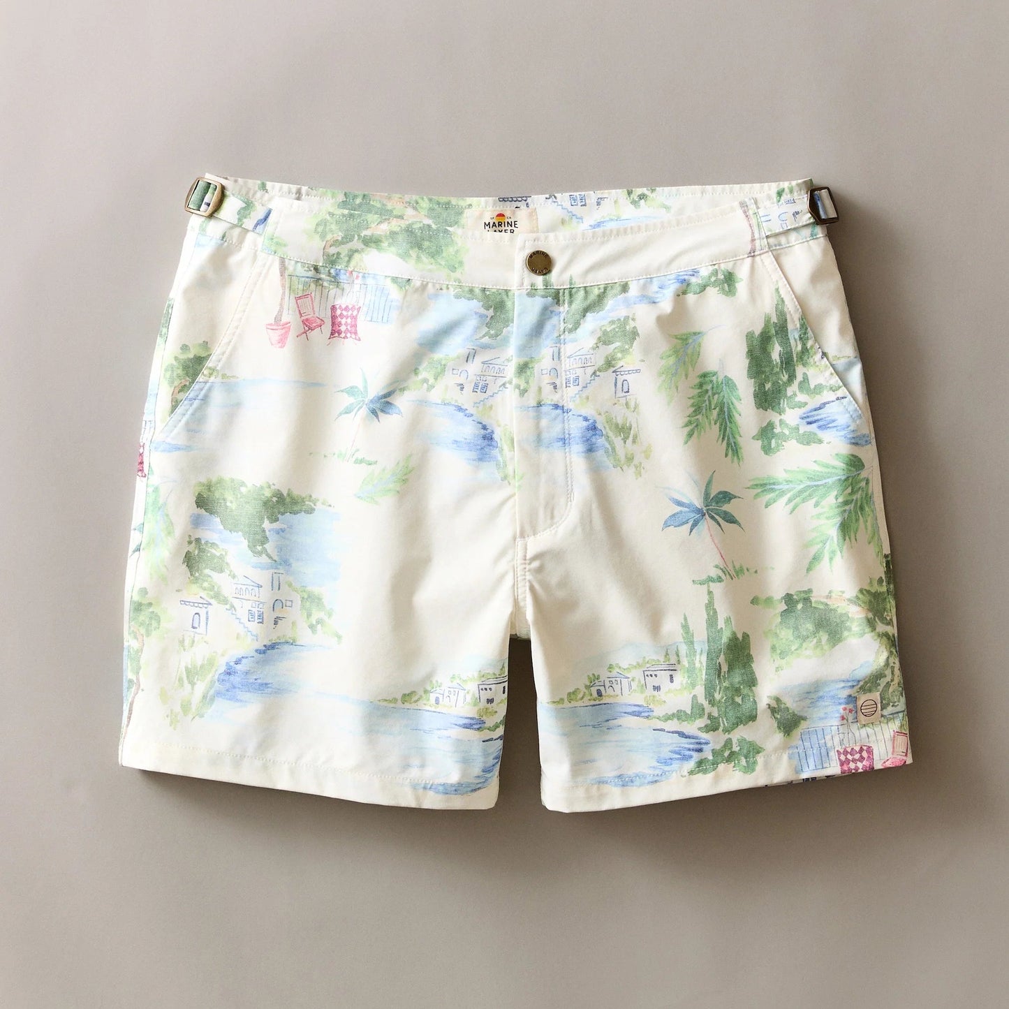 The Marine Layer Mediterranean Coastline Print 5" Tailored Swim Trunk, now available at Harbour Thread men's store
