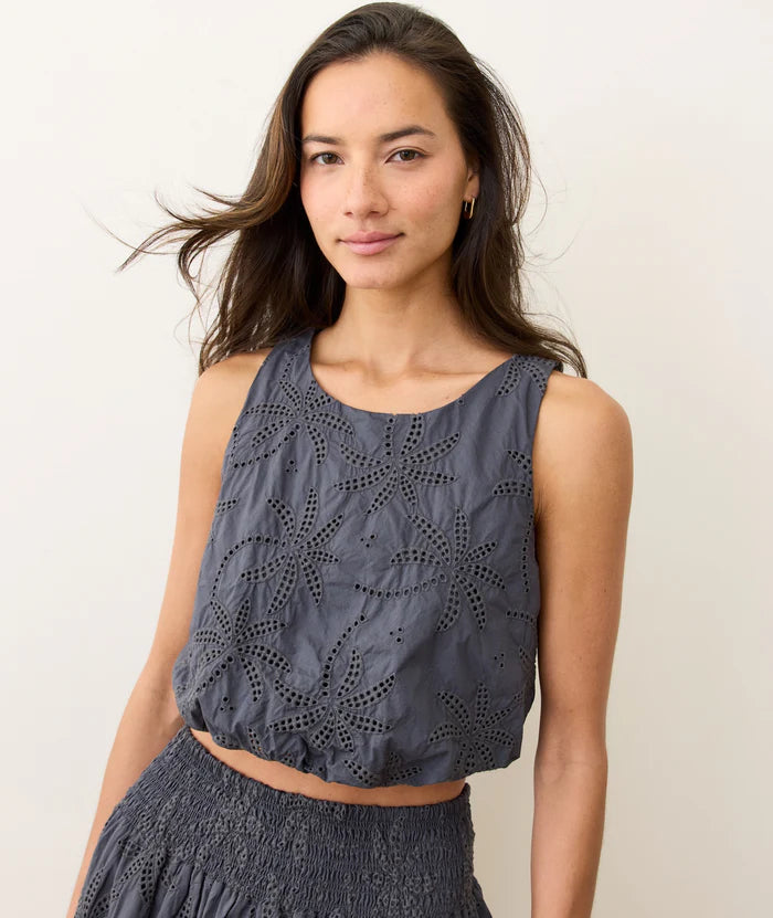 This cropped bubble tank from Marine Layer offers effortless warm-weather style with a playful palm eyelet detail throughout. Shop yours at Harbour Thread in Burlington, VT!