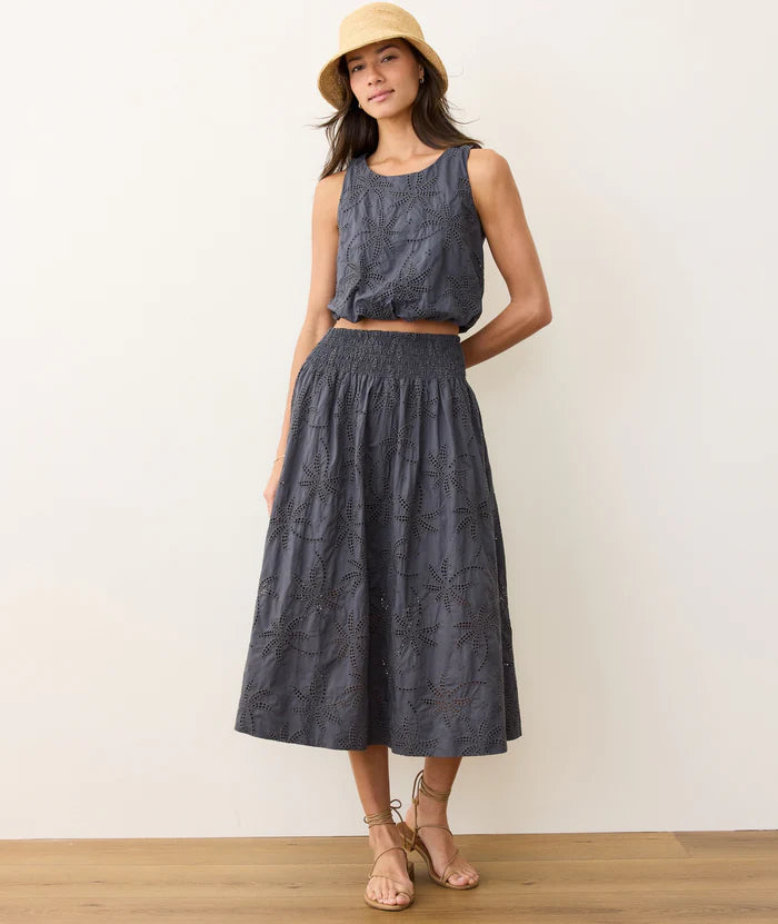 Shop women's matching summer sets at Harbour Thread boutique in Burlington, VT! New arrivals include the Marine Layer Bea Eyelet Midi Skirt with matching Sage Eyelet Bubble Tank.