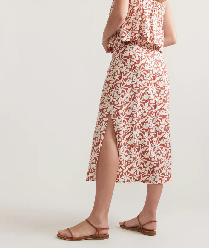 Side slit detail on the Auburn Flora Ryan Midi Slip Skirt by Marine Layer
