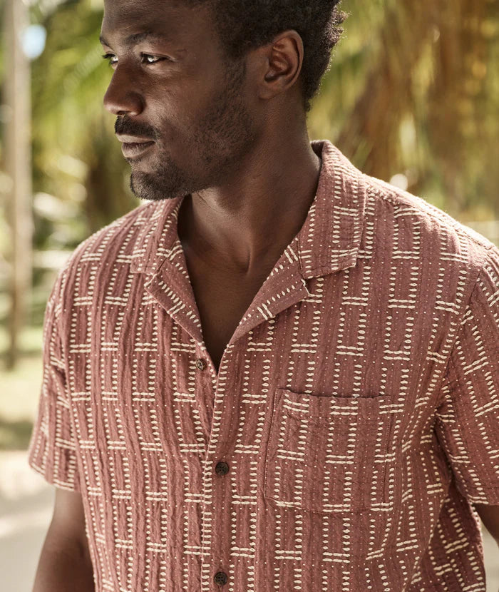 Enjoy effortlessly cool warm-weather style when you wear the short sleeve Dobby Resort Shirt by Marine Layer, available now at Harbour Thread Burlington.