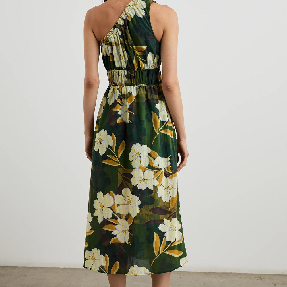 
                      
                        Women's green and white floral midi dress with asymmetrical neckline. 
                      
                    