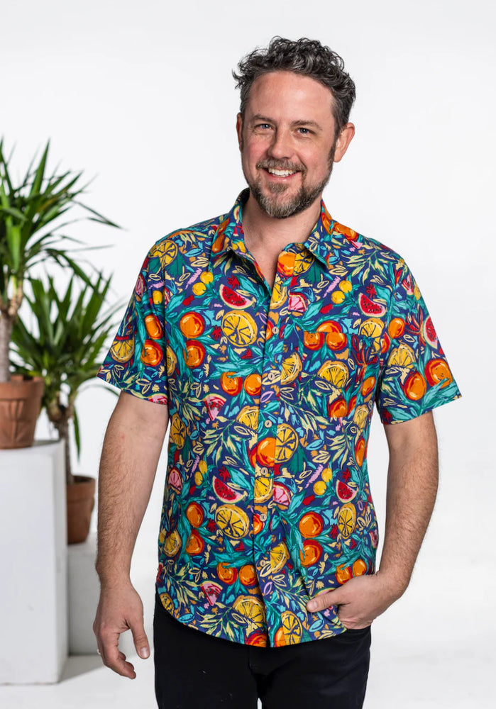 
                      
                        Add some personality to your look when you wear this colorful fruit print short sleeve shirt by One World Brothers, available at Harbour Thread Burlington.
                      
                    