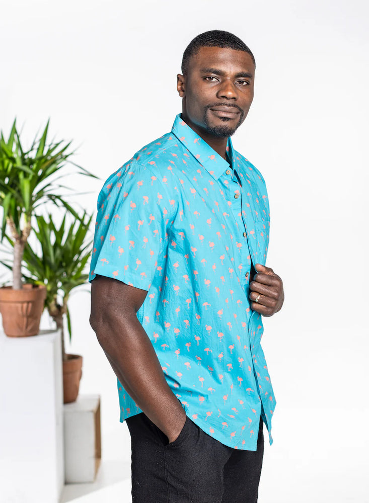
                      
                        Shop the men's short sleeve Flamingo button down shirt by One World Brothers at Harbour Thread for fun summer style
                      
                    