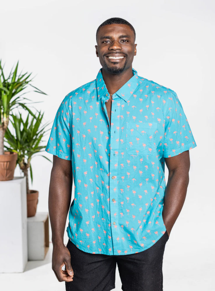 Go wild with your warm-weather wardrobe with the One World Brothers Flamingo Shirt, now at Harbour Thread men's store in Burlington, VT. 