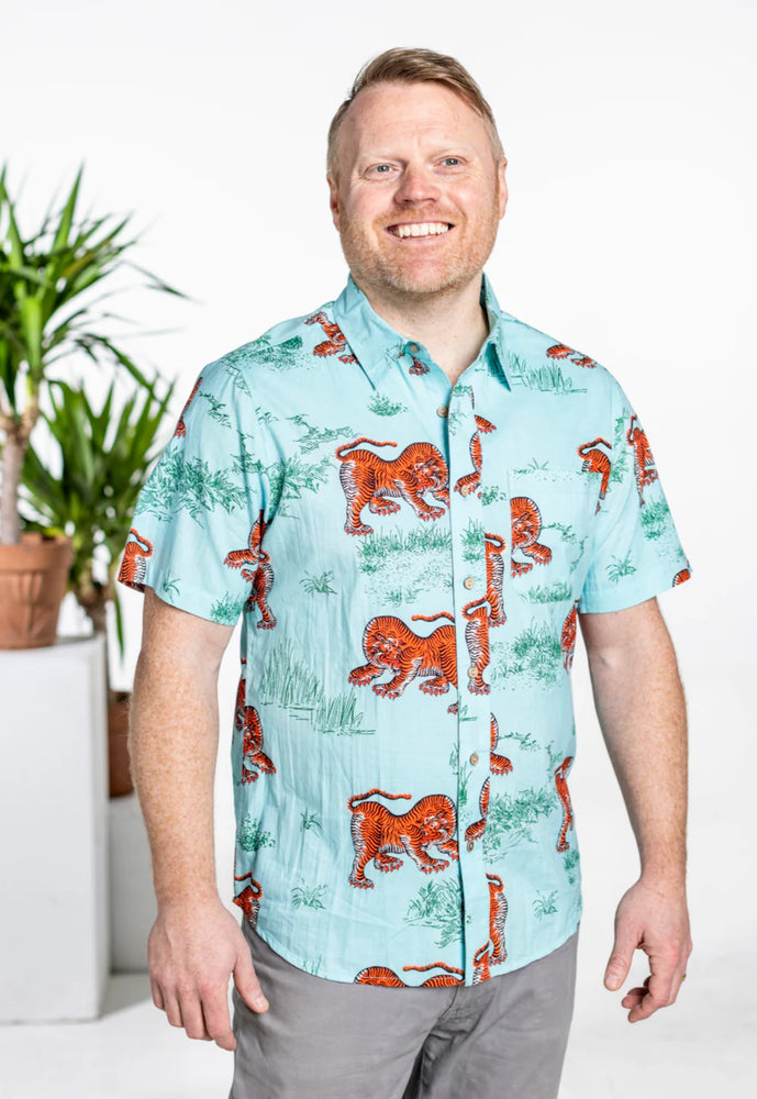 
                      
                        Go wild with your warm-weather wardrobe this year and rock this tiger print short sleeve button down by One World Brothers, available at Harbour Thread in Burlington, VT. 
                      
                    