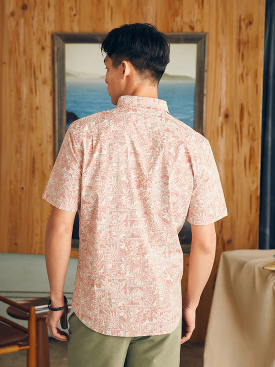 Back view of Faherty's Short Sleeve Stretch Playa Shirt in the color Coral Tile Print