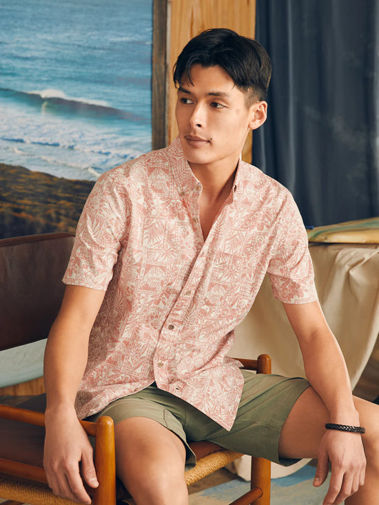 Faherty's Short Sleeve Stretch Playa Shirt in the color Coral Tile Print