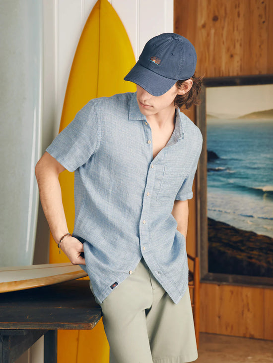 Faherty's Short Sleeve Palma Linen Shirt in the color Blue Basketweave