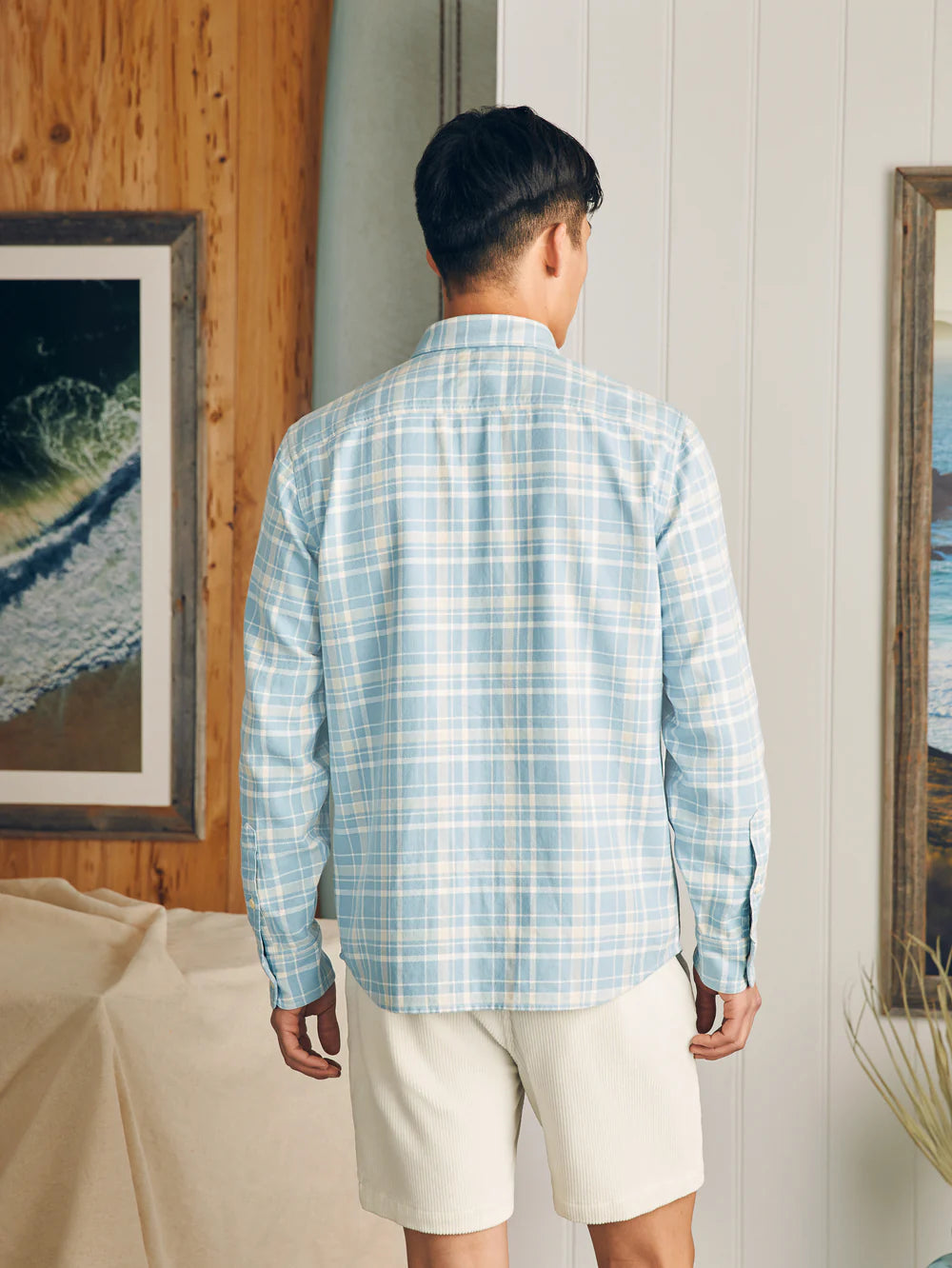 Back view of Faherty's Surf Flannel Men's Shirt in the color Seabrooks Sands Plaid