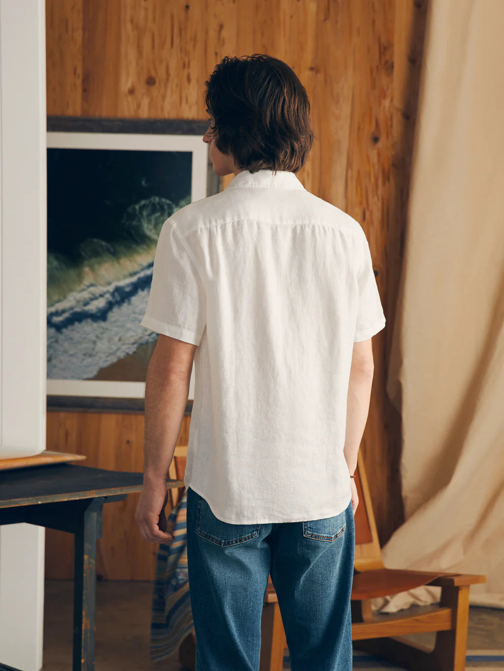 back view of Faherty's Short Sleeve Palma Linen Shirt in the color Bright White Basketweave