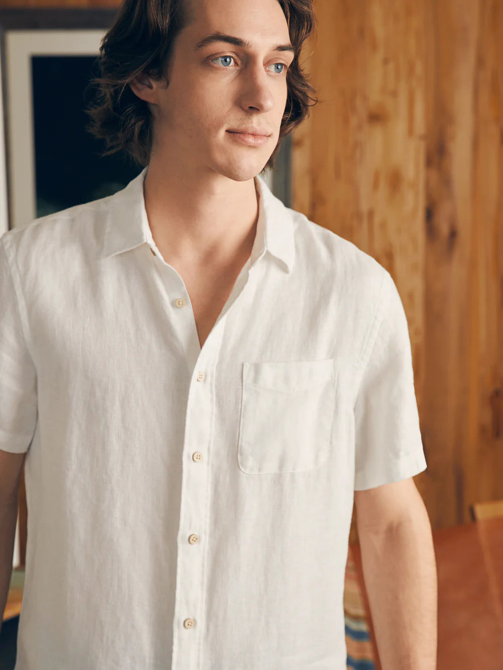 Faherty's Short Sleeve Palma Linen Shirt in the color Bright White Basketweave