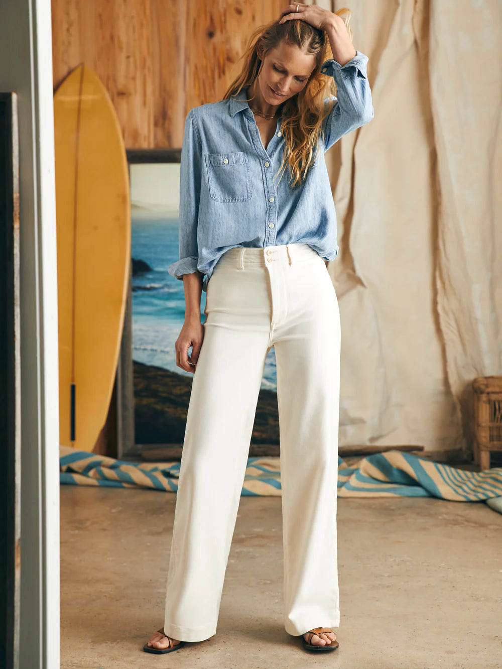 Front view of the Egret color Stretch Terry Harbor Pant by Faherty