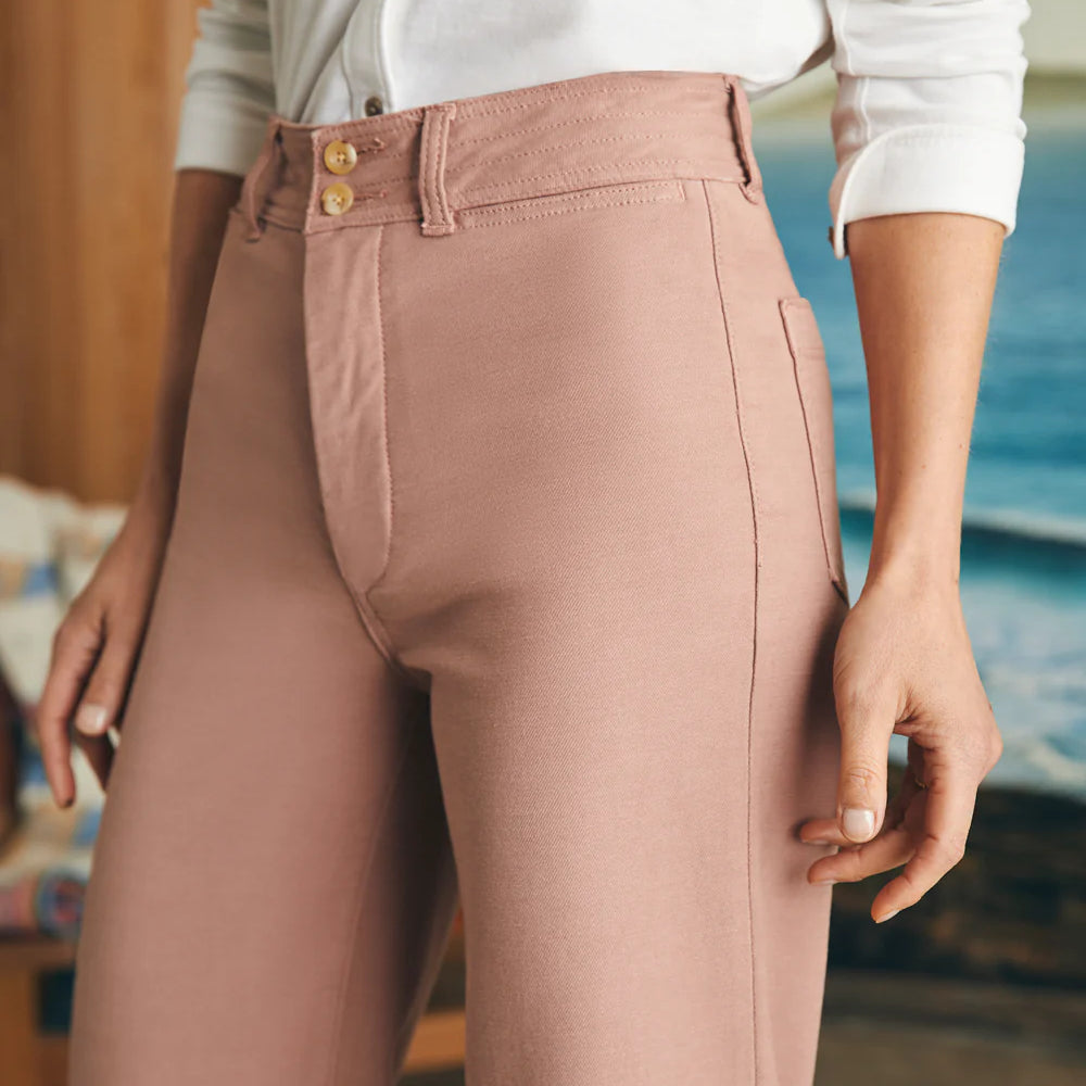 
                      
                        Closeup front detail view of woman wearing the Faherty Stretch Terry Harbor Pant in the color Wood Rose
                      
                    