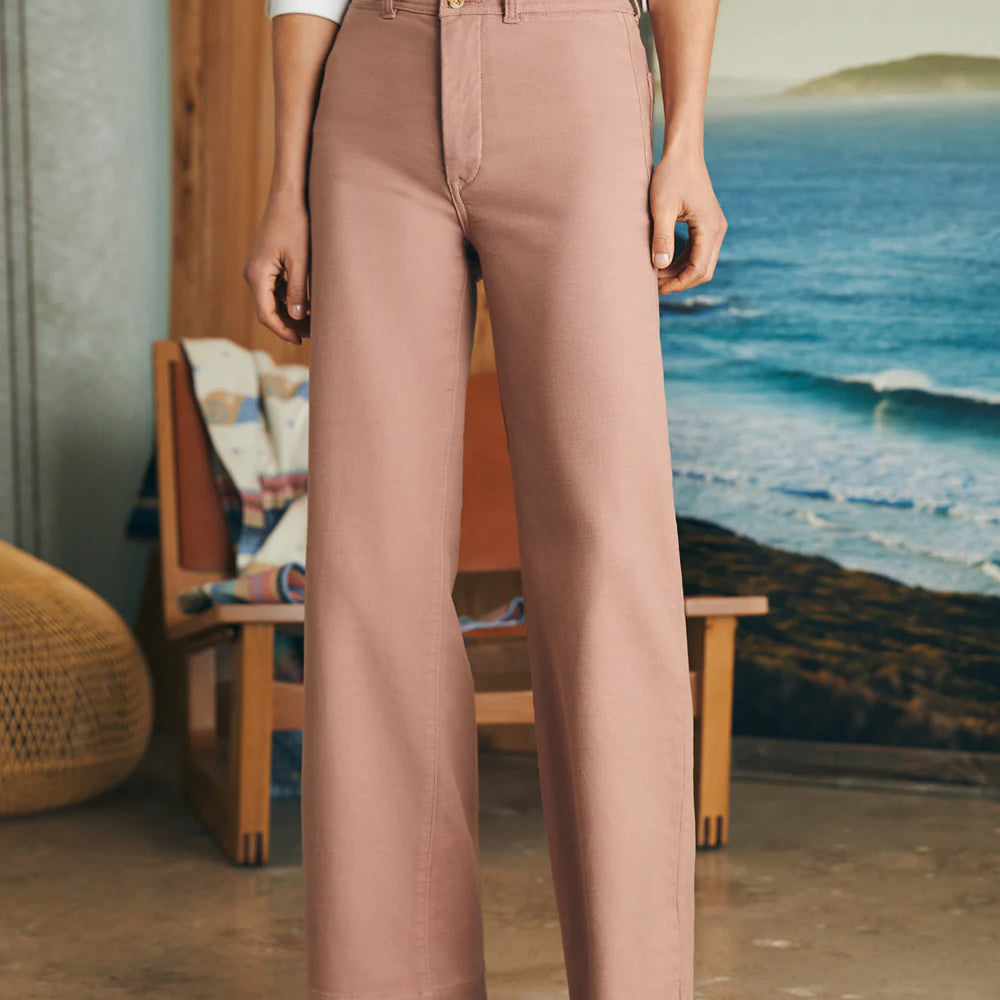 
                      
                        Front view of woman wearing the Faherty Stretch Terry Harbor Pant in the color Wood Rose
                      
                    