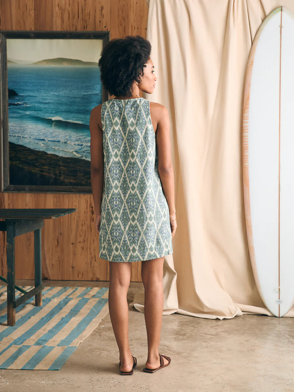 Back view of Faherty's Carini Dress in the pattern Tuscan Ikat
