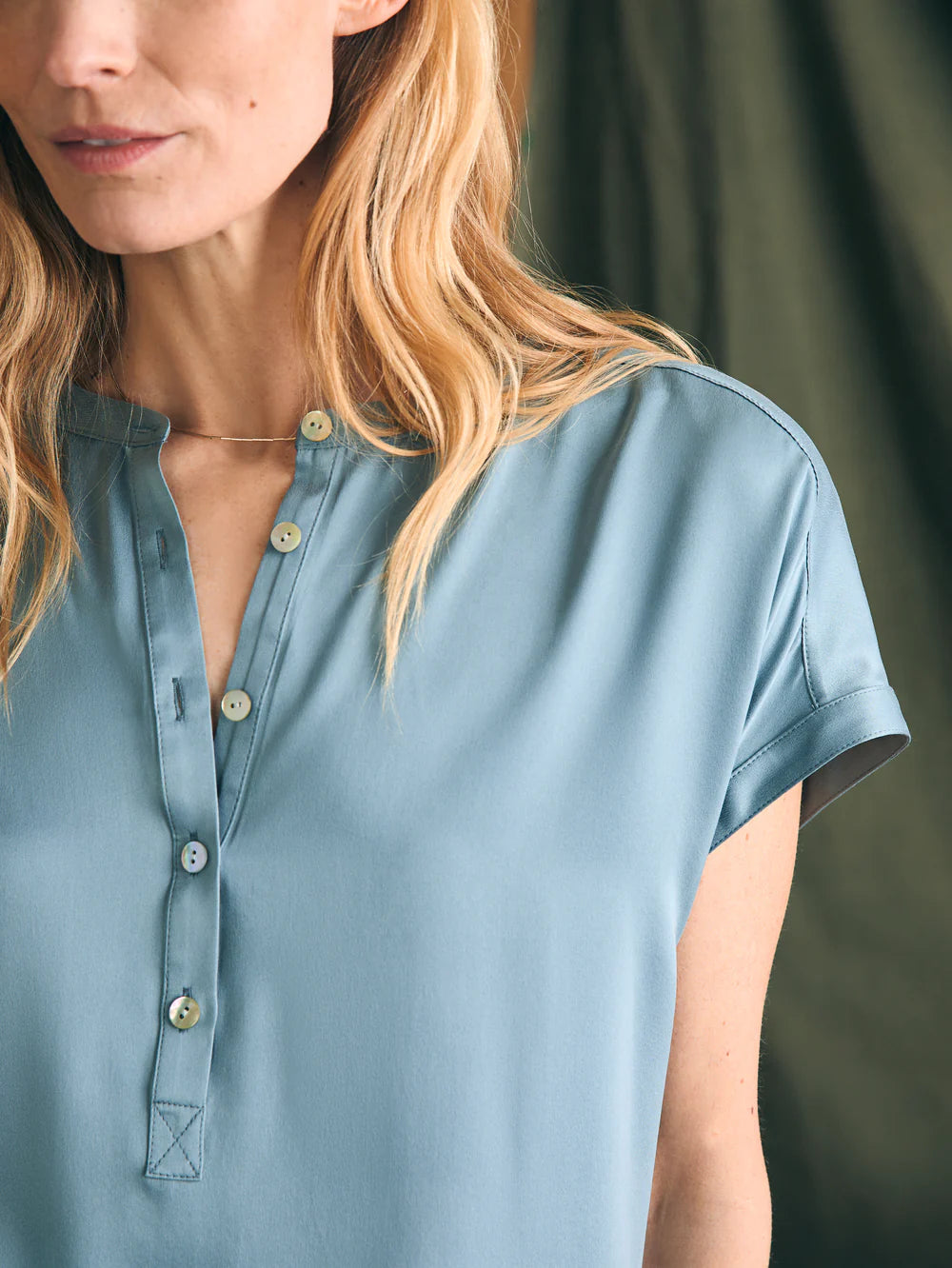 Front detail on Faherty's Sandwashed Silk Desmond Top in the color Lead