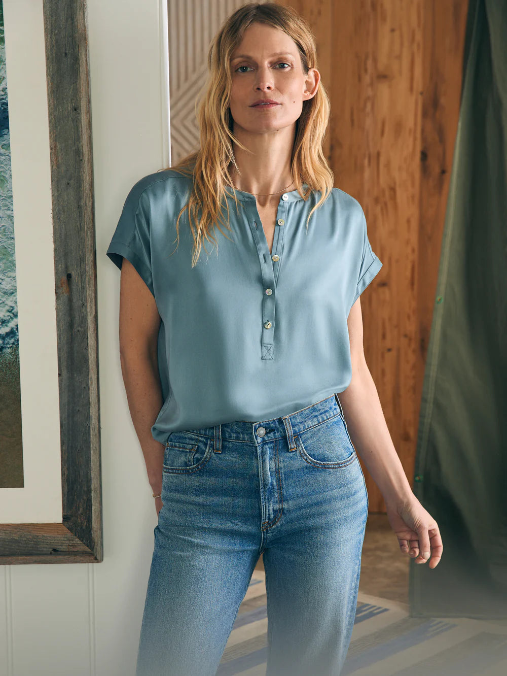 Faherty's Sandwashed Silk Desmond Top in the color Lead