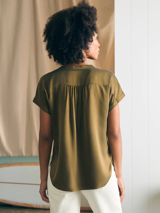 Back view of Faherty's Sandwashed Silk Desmond Top in the color Military Olive