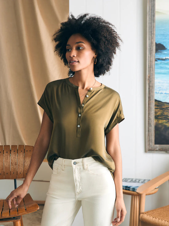 Faherty's Sandwashed Silk Desmond Top in the color Military Olive