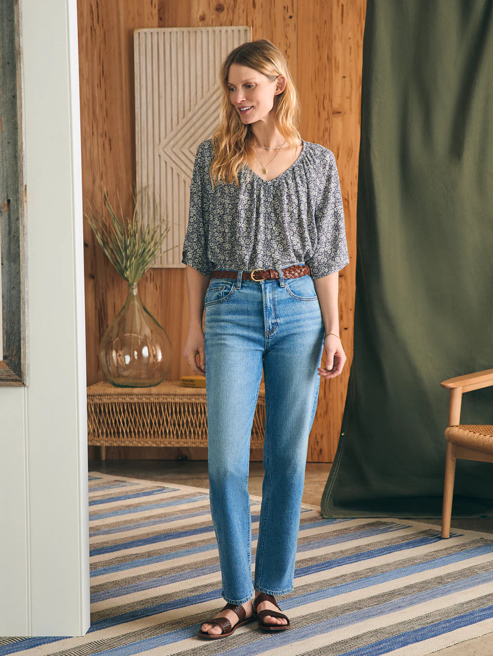 Front, tucked in view of Faherty's Amira Top in the color Riverton Ditsy Floral