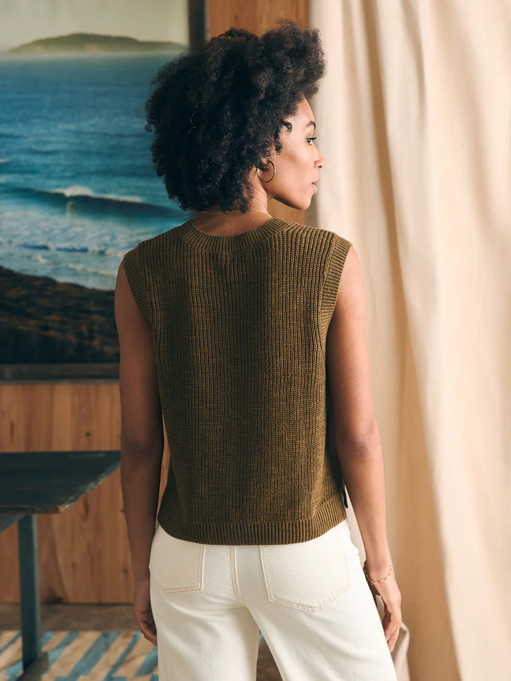 Back view of Faherty's Miramar Linen Muscle Tank in the color Military Olive