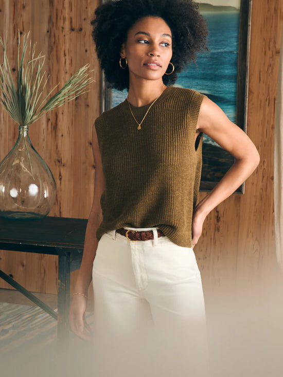 Faherty's Miramar Linen Muscle Tank in the color Military Olive